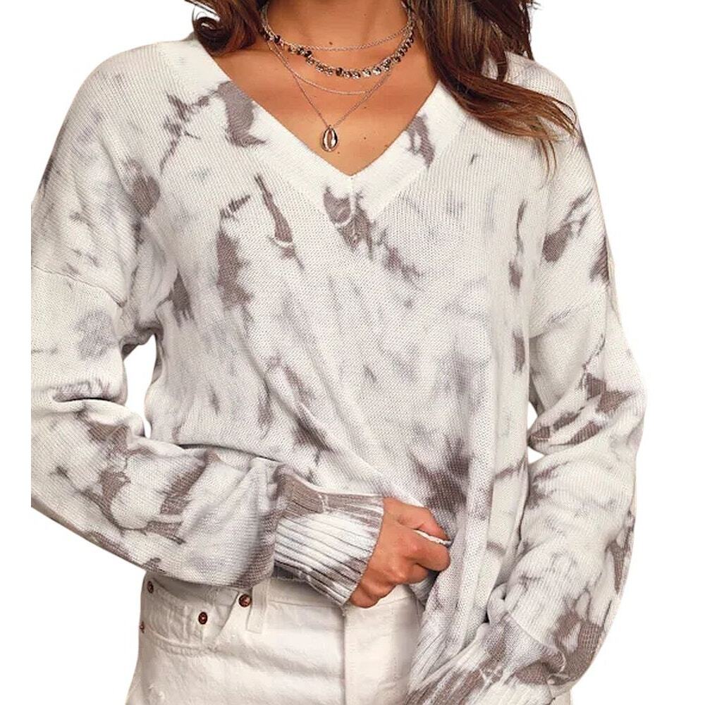 NWT Lulus Chill With Me Cream & Grey Tie-Dye Cotton Knit Pullover Sweater Small